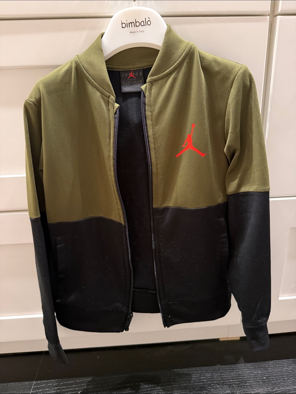 Jordan Olive Green and Black Two-Tone Bomber Jacket with Red Jumpman